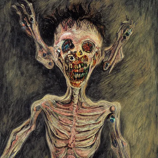 Image similar to digital art of a terrifying body horror humanoid creature painted by james ensor goya, trevor henderson and tyedied