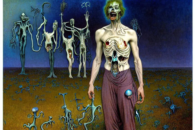 Prompt: realistic detailed portrait painting of a male zombie, nightly graveyard landscape background by Jean Delville, Amano, Yves Tanguy, Alphonse Mucha, Ernst Haeckel, Edward Robert Hughes, Roger Dean, rich moody colours, blue eyes