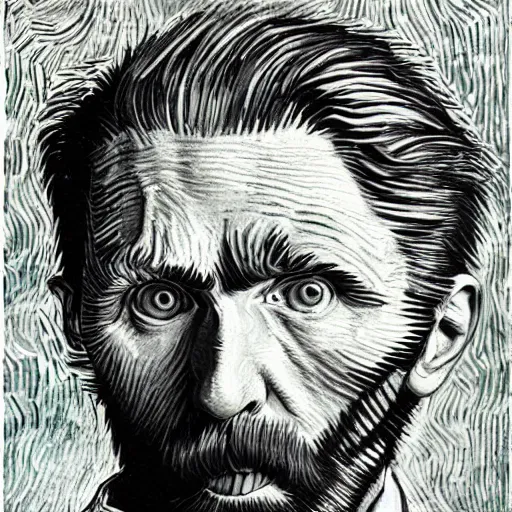 Image similar to portrait mash - up between mc escher and vincent van gogh