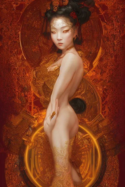 Prompt: tarot card artstation, portrait of a japanese love dancer, sunrise, baroque ornament and rococo ornament, ancient chinese ornate, hyperdetailed, beautiful lighting, craig mullins, mucha, klimt, yoshitaka amano, red and gold and orange color palette