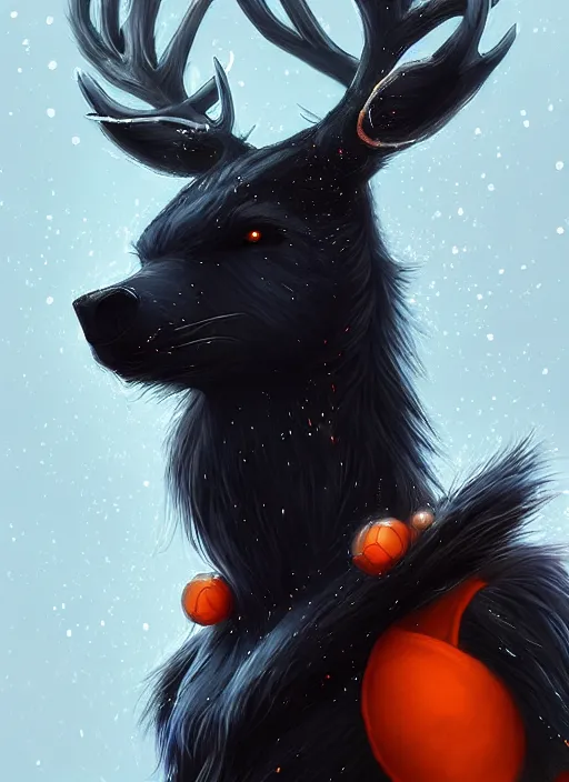 Image similar to award winning beautiful portrait commission of a male furry anthro Black Reindeer fursona with a tail, wings and a cute beautiful attractive detailed furry face wearing stylish black and orange galaxy clothes in a outerspace city at night while it rains. Character design by charlie bowater, ross tran, artgerm, and makoto shinkai, detailed, inked, western comic book art