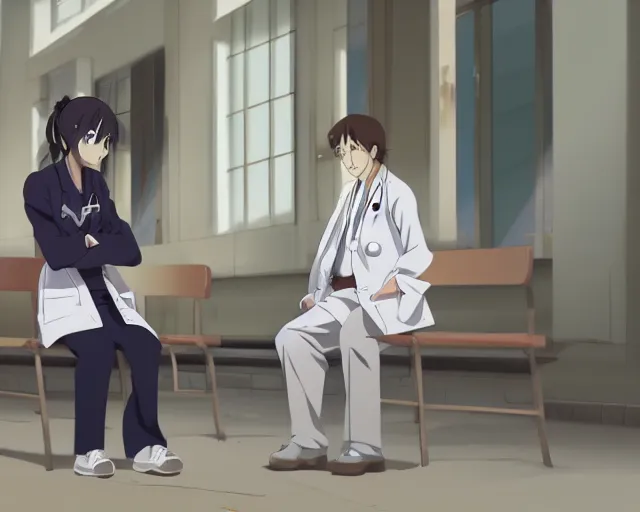 Image similar to a cute and beautiful young female doctor wearing white coat are talking with an old professor in a hospital, slice of life anime, lighting, anime scenery by Makoto shinkai