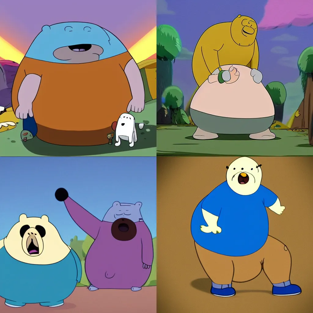 Prompt: morbidly obese Finn has a hard time fighting, animation still, adventure time, colorful, high budget, funny