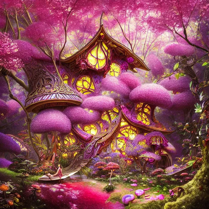 Image similar to extremely psychedelic home made of orchid and cherry blossom tree and mushroom, LSD, diffuse lighting, fantasy, intricate, elegant, highly detailed, lifelike, photorealistic, digital painting, artstation, illustration, concept art, smooth, sharp focus, art by John Collier and Albert Aublet and Krenz Cushart and Artem Demura and Alphonse Mucha