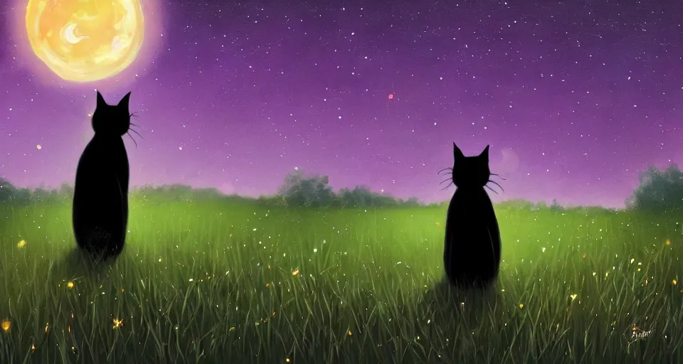 Image similar to black cat walking around in an open field at night with fireflies in the air and lots of stars in the sky, digital painting, highly detailed, magical, trending on artstation