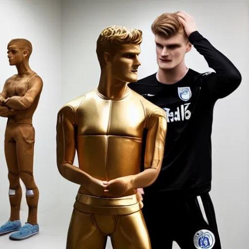 Image similar to a realistic detailed photo of a guy who is an attractive humanoid who is half robot and half humanoid, who is a male android, soccer players martin ødegaard & timo werner, shiny skin, posing like a statue, blank stare, in a factory, on display, showing off his muscles, gold soccer shorts, side view, looking at each other mindlessly