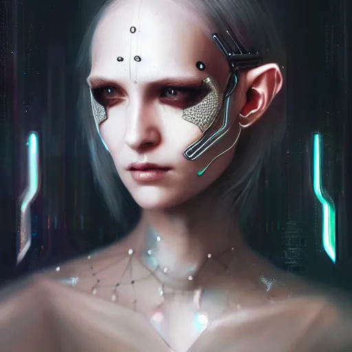 Image similar to cyberpunk robotic dark elvish queen, diadem on the head, cyber implants, black tears, extremely detailed, hyperrealistic, intricate, soft light, fantasy, digital painting, art station, perfect faces, fine details, by wlop