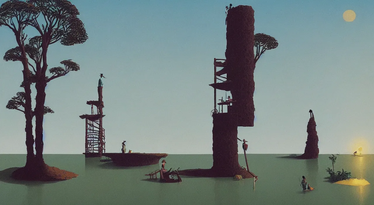 Prompt: single flooded simple whip tree tower, very coherent and colorful high contrast!! masterpiece by rene magritte simon stalenhag carl spitzweg syd mead norman rockwell edward hopper james gilleard, minimalist, dark shadows, sunny day, hard lighting