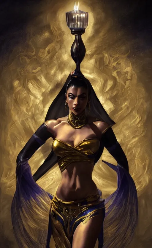 Image similar to masterpiece of kitana from mortal kombat with beautiful hands close to a candle in dark room, cinematic, powerful, moon beams dramatic light, highly, intricate gold elements, hollow souls, detailed, digital painting, artstation, concept art, sharp focus, illustration, art by artgerm and greg rutkowski and alphonse mucha