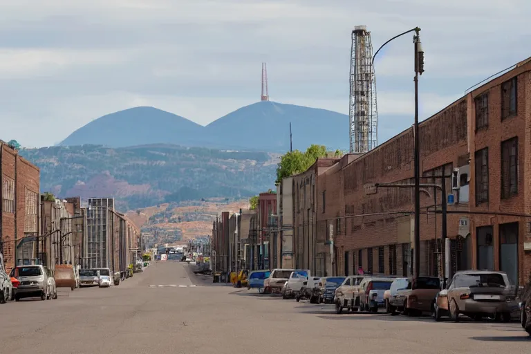 Image similar to looking down street, warehouses lining the street. hill background with radio tower on top. telephoto lens compression.