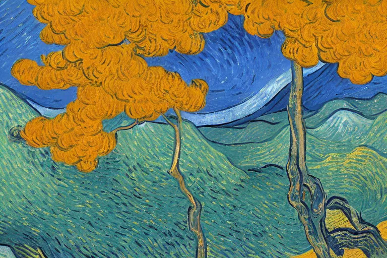 Image similar to japanese scenery in edo period, by vincent van gogh, high saturation, blue color scheme