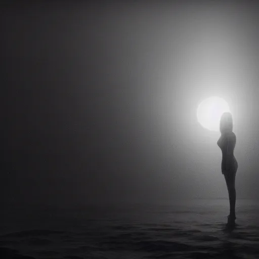 Prompt: film still of ominous ethereal female figure waiting amidst the depths of a dark ocean on a moonlit night, cinematography by Vadim Yusov