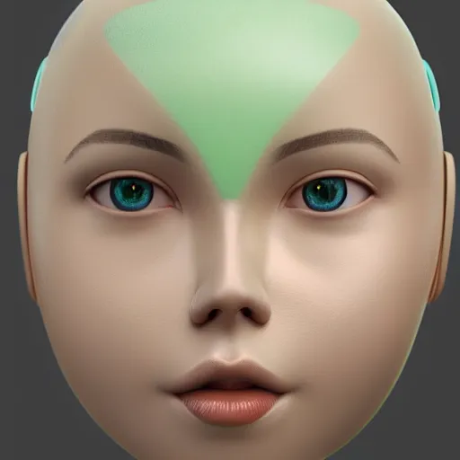 Image similar to 3 d render portrait of a female porcelain robot, symmetrical, mid thirties, cute round green slanted eyes, porcelain skin, wide nostrils, chubby cheeks, high flat eyebrows, ethereal essence, angelic, tiny mouth, leica 1 0 0 mm f 0. 8