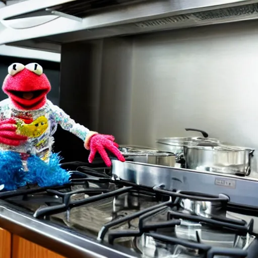 Image similar to a muppet inside a metal pot on a stove, next to an italian chef cooking