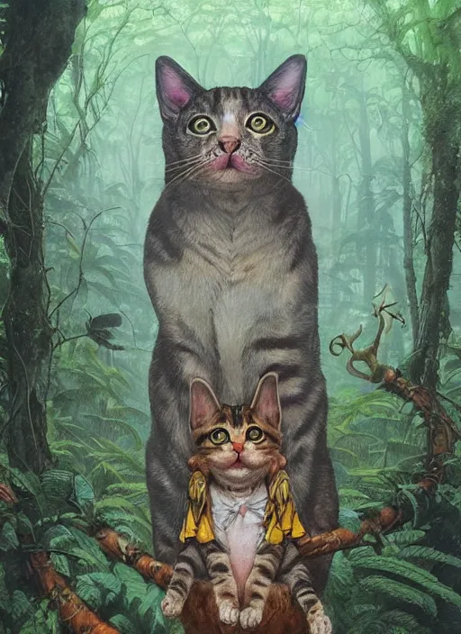 Image similar to a hyper realistic cat god with happy lighting and technology jewelry in the woods gorgeous lighting, sunbeams blue sky, lush forest foliage painting by chiara bautista and beksinski and norman rockwell and greg rutkowski weta studio, and lucasfilm