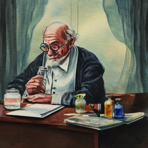 Image similar to a vintage water colour painting of a chemist with potions and ailments. an old man sitting at a desk, 4 k, beautiful, ominous