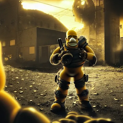 Image similar to Homer Simpson in Gears of War, splash art, movie still, cinematic lighting, dramatic, octane render, long lens, shallow depth of field, bokeh, anamorphic lens flare, 8k, hyper detailed, 35mm film grain