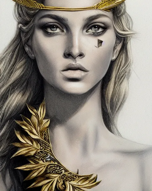 Image similar to front view of beautiful super model aphrodite greek goddess wearing a gold laurel wreath and triangle earrings, realism tattoo sketch, beautiful piercing eyes with sharp pupils, beautiful blonde hair, in the style of greg rutkowski, fantasy, amazing detail, epic, elegant, smooth, sharp focus