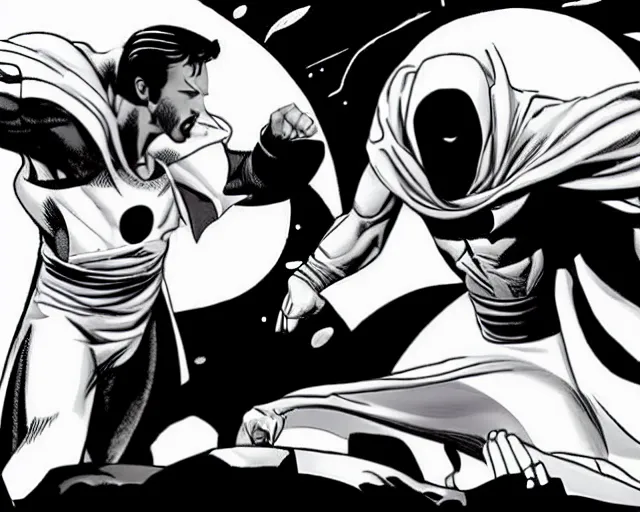 Prompt: still of moon knight vs dr. strange, in the movie moon knight and avengers