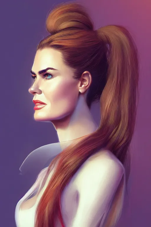 Image similar to mix of beautiful young maria shriver, mariel hemmingway, brooke shields, nicole kidman and elle macpherson as an alien creature, thin lips, hair tied up in a pony tail, dark blonde hair, colorful, artstation, cgsociety