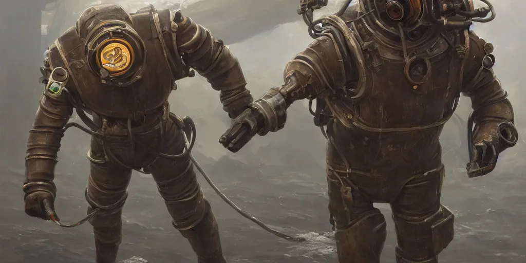 Image similar to highly detailed portrait painting of welder stallone in atmospheric diving suit, by eddie mendoza and tyler edlin, windows, 8 k resolution