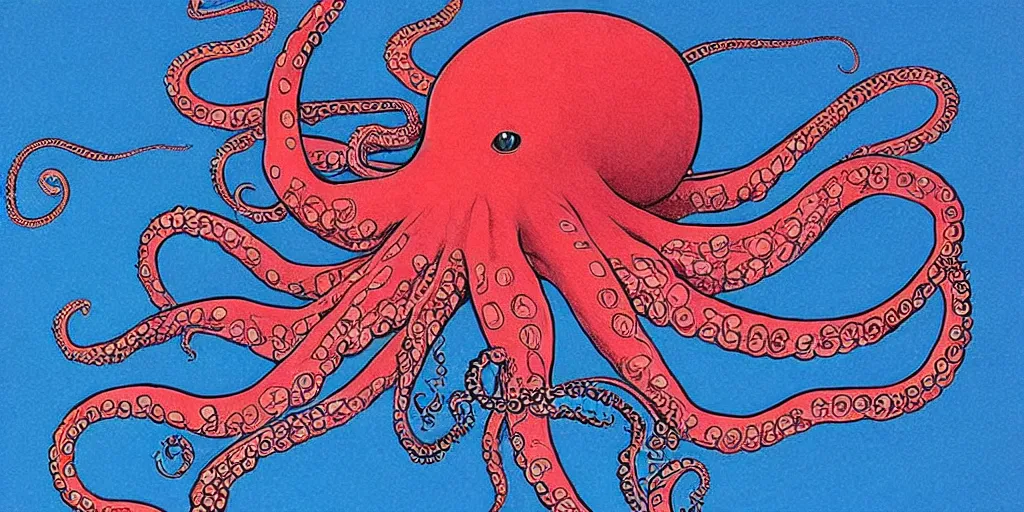 Image similar to ” beautiful octopus drifting in the deep sea painted by moebius. ”