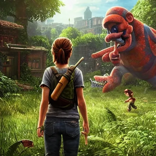 Image similar to Photo of Ellie (The Last of Us) walking through a realistic Super Mario Bros World 1-1