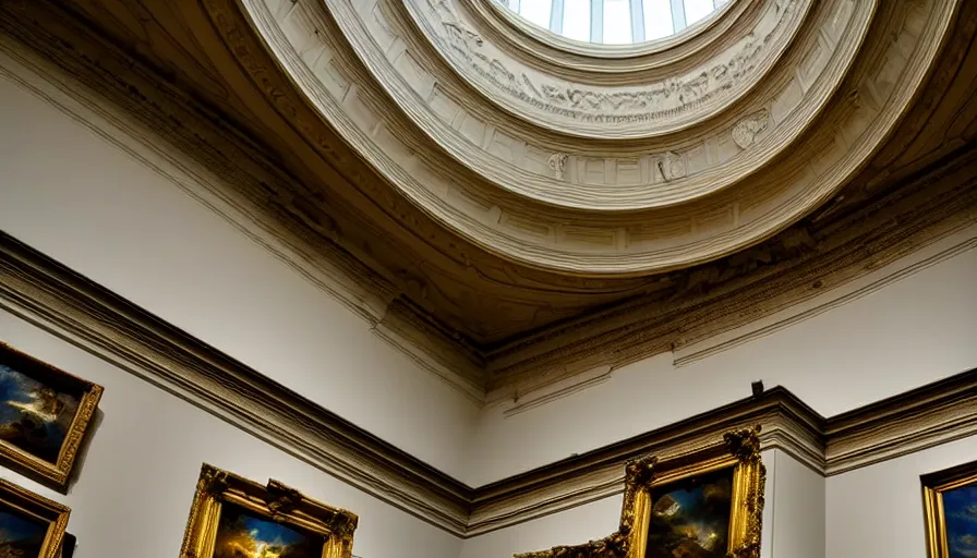 Prompt: museum of art, art gallery, fine art, realism, extreme detail, marble, stone, baroque paintings, sculptures, skylight