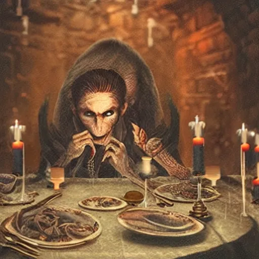 Image similar to “an 8k hi definition super detailed photorealistic picture of a vampire in a dungeon setting sitting at a banquet table full of plates of rats and spiders with red candles”