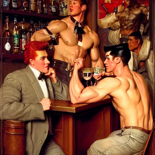 Prompt: drinking their hearts out, in a pub. attractive muscular male with red hair and attractive muscular male with black hair. pants, very defined painting by j. c. leyendecker, gaston bussiere, craig mullins 8 k