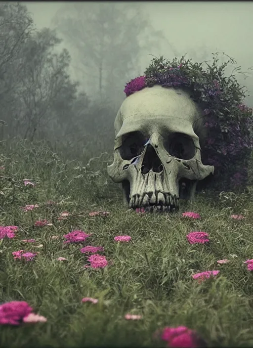 Prompt: skull surrounded by flowers, fog, cinematic shot, denis villeneuve, movie still, wayne barlowe, detailed, very coherent, vintage, fine art, emil melmoth,