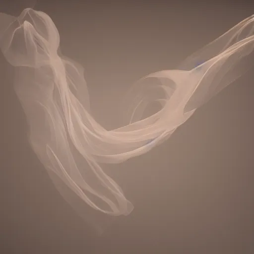 Image similar to a photo of beautiful silk floating in the air in a dark room, lit from above, volumetric light, smoke, photorealistic, 8 k