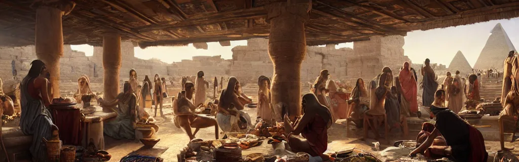 Image similar to a busy marketplace in ancient egypt. 8 k, epic cinematic hyperrealism masterpiece. realistic poster with shaded lighting by craig mallismo, artgerm, jeremy lipkin and michael garmash, unreal engine, radiant light, detailed and complex environment, digital art, art station trends, detailed, lens flare, motion blur