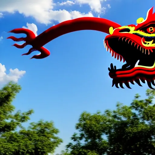 Image similar to people watching a chinese dragon flying in the sky, hyperrealistic, 3 d