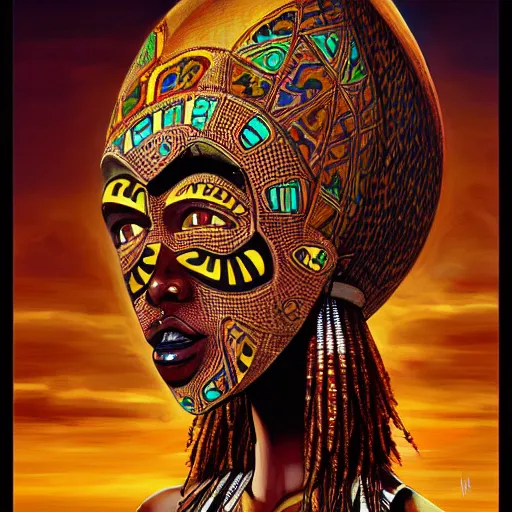 Image similar to a beautiful woman with an african mask, wearing an african dress, shaman, zulu, by alex gray and android jones, karol bak, ilya golitsyn, ayami kojima, amano, moebius, concept art, character design, fantasy, 3 d, 8 k resolution