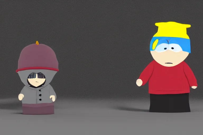 Image similar to a famous scene from Southpark portrayed in clay, 3d render, unreal engine