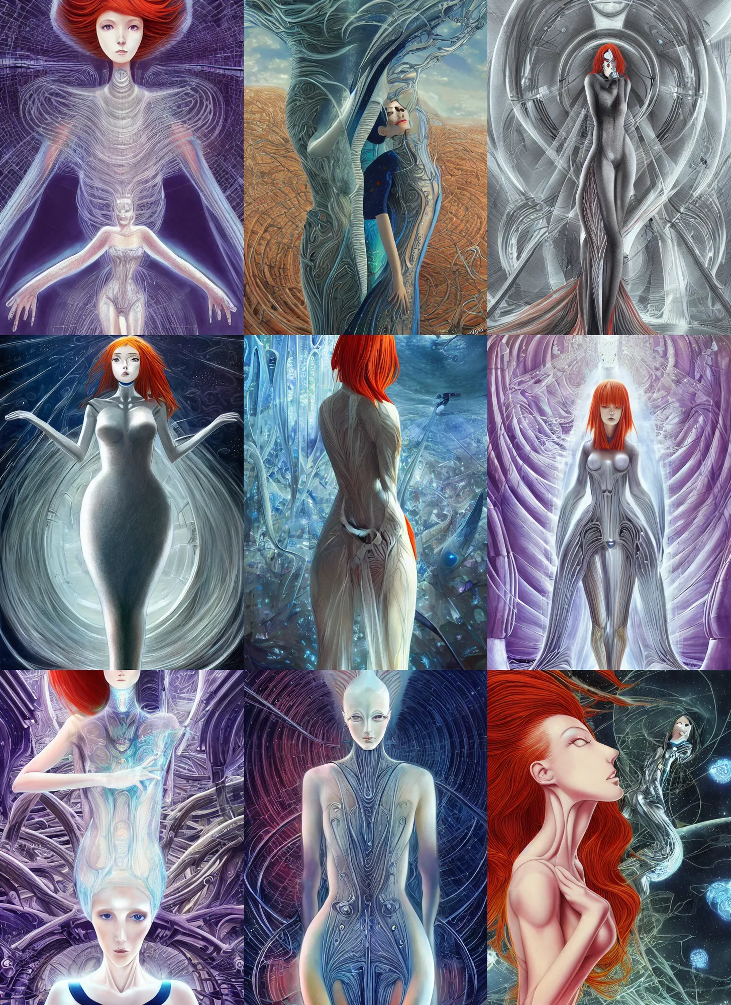 Prompt: a redhead woman in futuristic dress falls into a dream within a dream within a dream within a dream within a dream, h. r. giger, alex grey, salvador dali, fractal, surreal art, semi realistic anime, studio ghibli, makoto shinkai, award winning illustration, masterpiece, trending on pixiv, 8 k