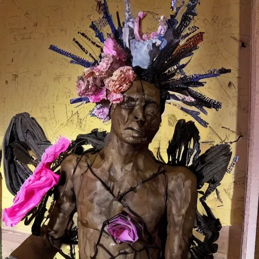 Image similar to papercraft scene made entirely of pipecleaners and crumpled foil of Jean-Michel Basquiat as a full-body bronze baroque statue of Icarus in the posing like a bird for flight, crown of peach roses, flowing pink-colored silk, fabric, flowers. baroque elements, human skull. full-length view. baroque element. intricate artwork by caravaggio. many many birds birds on background. Trending on artstation, octane render, cinematic lighting from the right, hyper realism, octane render, 8k, depth of field, 3D