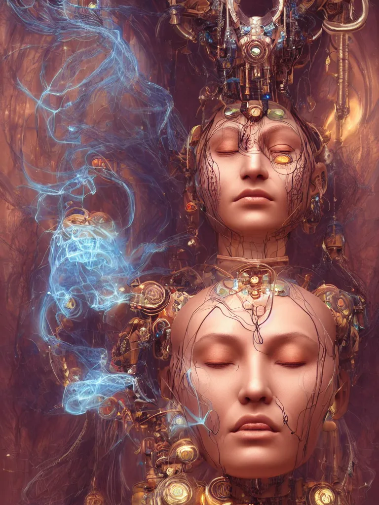 Image similar to an ancient mystical alluring female shaman generating flowing energy and surrounded by wisps of incense smoke sits meditating in a magical cybernetic robot temple, face face face, by karol bak and artgerm, 3 d, cinema 4 d render, trending on artstation