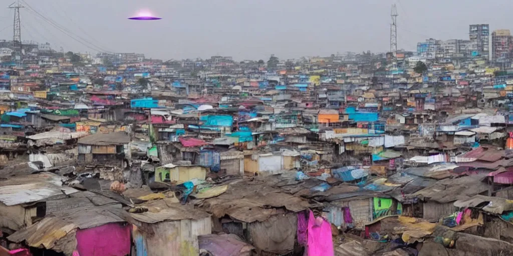 Image similar to UFO in Ajegunle slums of lagos beaming neon ray of light,