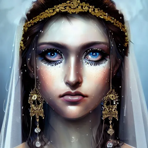 Prompt: ilyana vyulnika as a young bride in the dark, heavy makeup, crying eyes, blue eyes, tears, leaked mascara, lipgloss, portrait, closeup, cute freckles, gloss effects, and exaggerated proportions, intricate jewelry, after rain, digital art by julia razumova and mel milton, trending on artstation, 4 k high quality