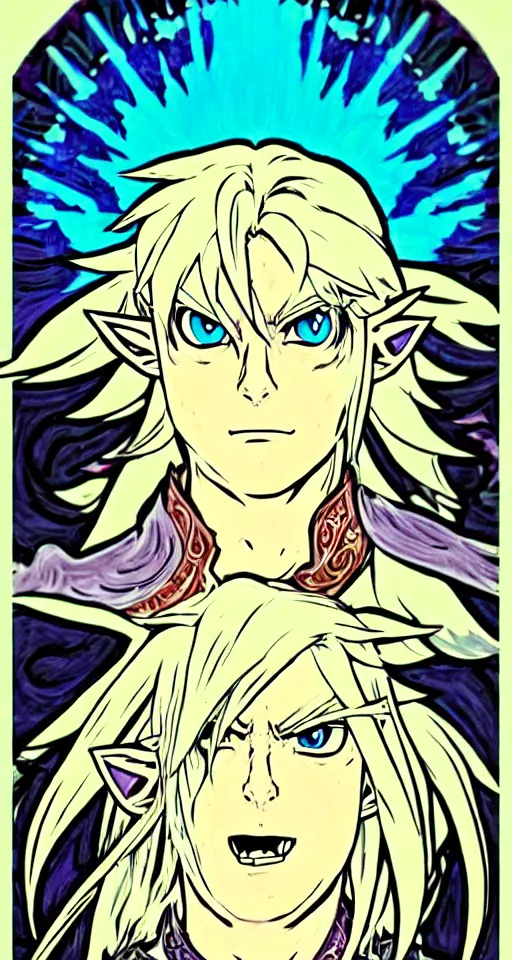 Prompt: link as the fierce diety form with white hair!! from the legend of zelda!! portrait illustration, pop art, splash painting, art by geof darrow, ashley wood, alphonse mucha, makoto shinkai