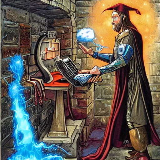 Image similar to a medieval wizard destroys his computer with magical energy, by david mattingly.