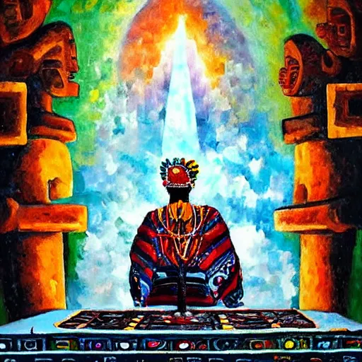 Prompt: DMT Aztec Priest performing a ritual at the top of a Aztec temple. Artwork by Afremov, Leonid