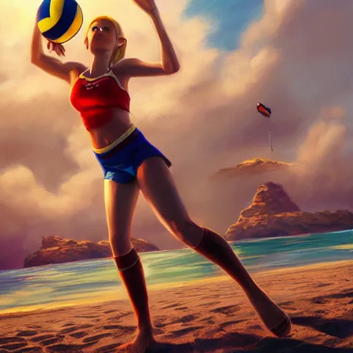 Prompt: a hyper real comic book style portait painting of zelda on the beach playing volleyball, unreal 5, hyperrealistic, octane render, cosplay, rpg portrait, dynamic lighting