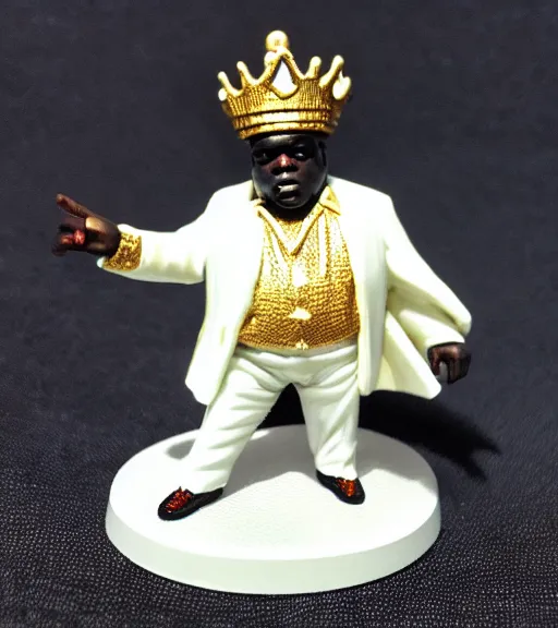 Prompt: notorious big with elegant white suit, gold crown, resin miniature, 2 8 mm heroic scale, games workshop, deity, citadel colour, glowing eyes, osl, nmm, r / paintedminis