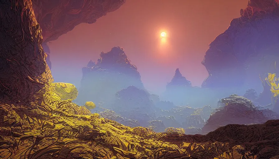 Prompt: a beautiful painting of an alien world, ray traced lighting by jean claude mezieres