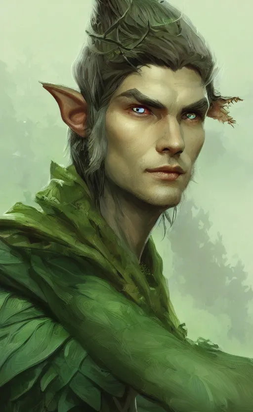 Image similar to portrait of a male wood elf ranger with white hair, green eyes and a dark evergreen cloak, fantasy, intricate, elegant, highly detailed, digital painting, trending on artstation, concept art, smooth, sharp focus, illustration by greg rutkowski, craig mullins, frank frazetta