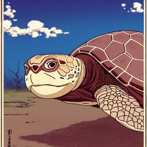 Image similar to portrait of an excited turtle with a long neck, hayao miyazaki, anime