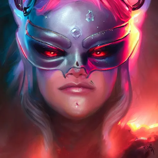 Image similar to portrait of a beautiful female cyclops as an evil paladin in full shining armor, oil painting, digital painting, intricate detail, neon color, artwork by ross tran + craig mullins + raymond swanland, background artwork by steven outram